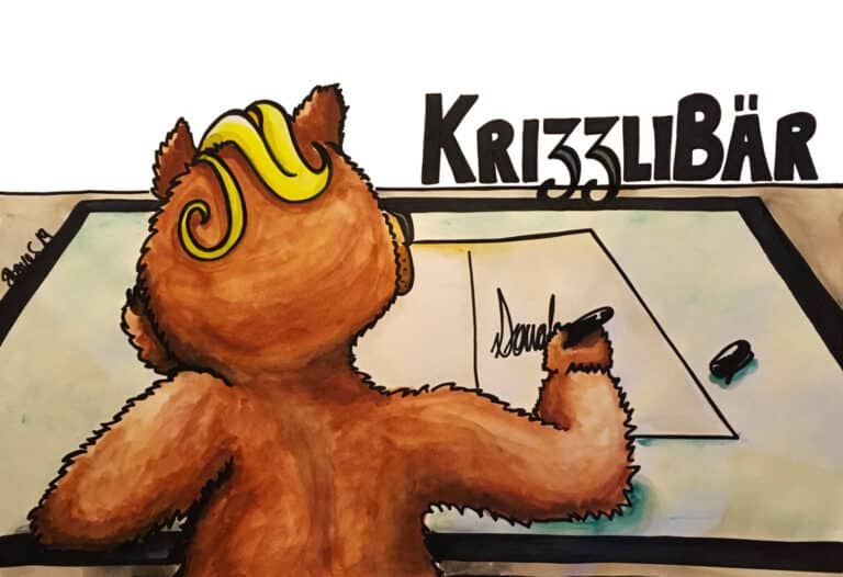 Krizzlibär - Bär mit Trumptolle unterschreibt mit überdimensionierter Unterschrift. Im Hintergrund steht Krizzlibär
