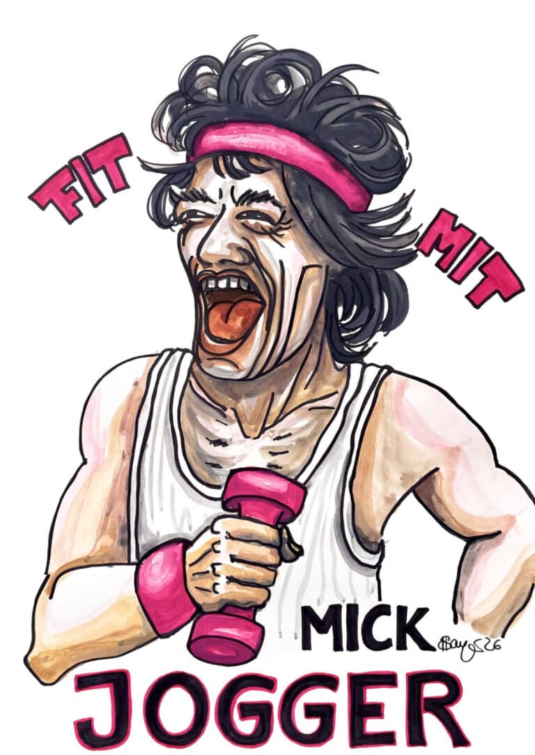 Mick Jagger joggt fröhlich lachend mit pnkem Stirnband, Top und pinkner Hantel. Der Text lautet "Fit mit Mick Jogger".