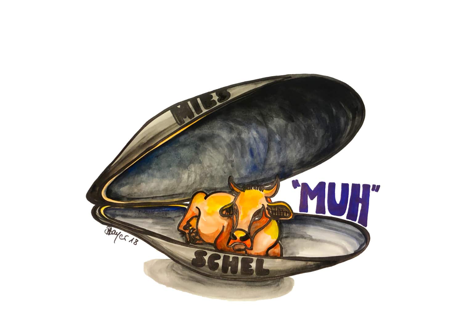 placeholder800x Orangene Kuh liegt als Muschelfleisch in aufgeklappter Miesmuschel. Text: Mies "Muh" Schel