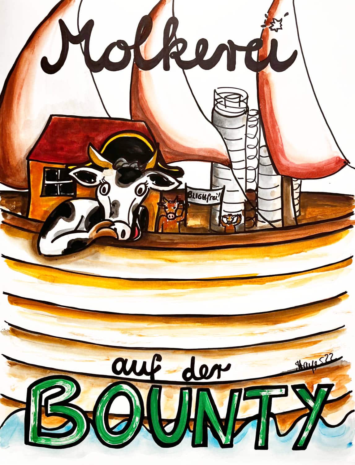 Kühe stehen auf einem Segelschiff mit Molkereisilos.Text: Molkerei auf der Bounty.
