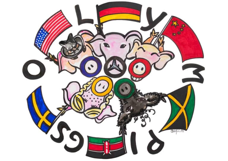 Schweine aus verschiedenene Ländern mit Fahnen, die mit Ihren Nasen die Olympischen Ringe formen. Schrift: Olympigs - ein Sahnewörtchen