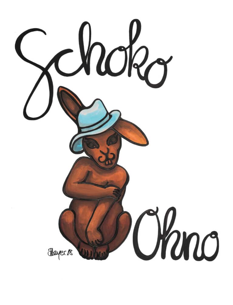Ein nackter Schokoladenhase mit blauem Hut. Text: Schoko Ohno - Ein Sahnewörtchen
