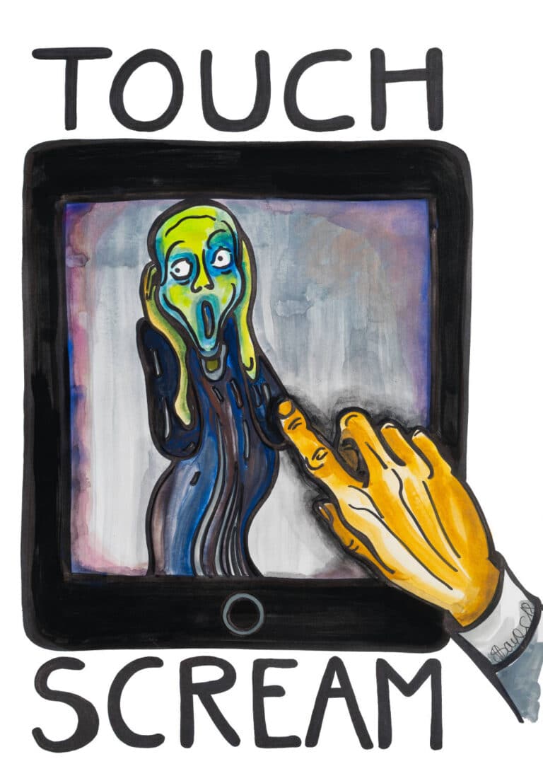 Bild der Schrei von Munch auf einem iPad. Hand berührt iPad. Text: Touch Scream