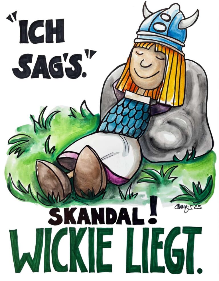 Wickie der Wikingerjunge lehnt entspannt an einem Stein. Auf dem Bild steht: "Ich sag's" - Skandal! Wickie liegt.