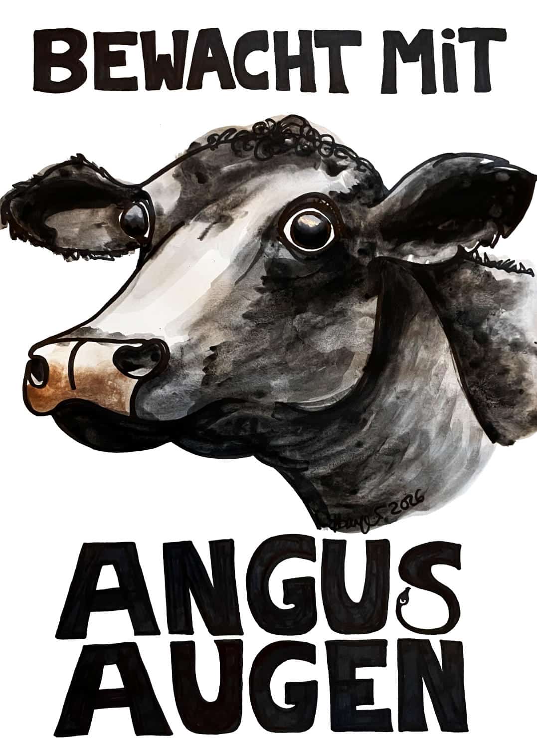 placeholder800x Kopf eines Angus-Rindes, Augen aufgerissen, Text: Bewacht mit Angus Augen. Ein Sahnwwörtchen