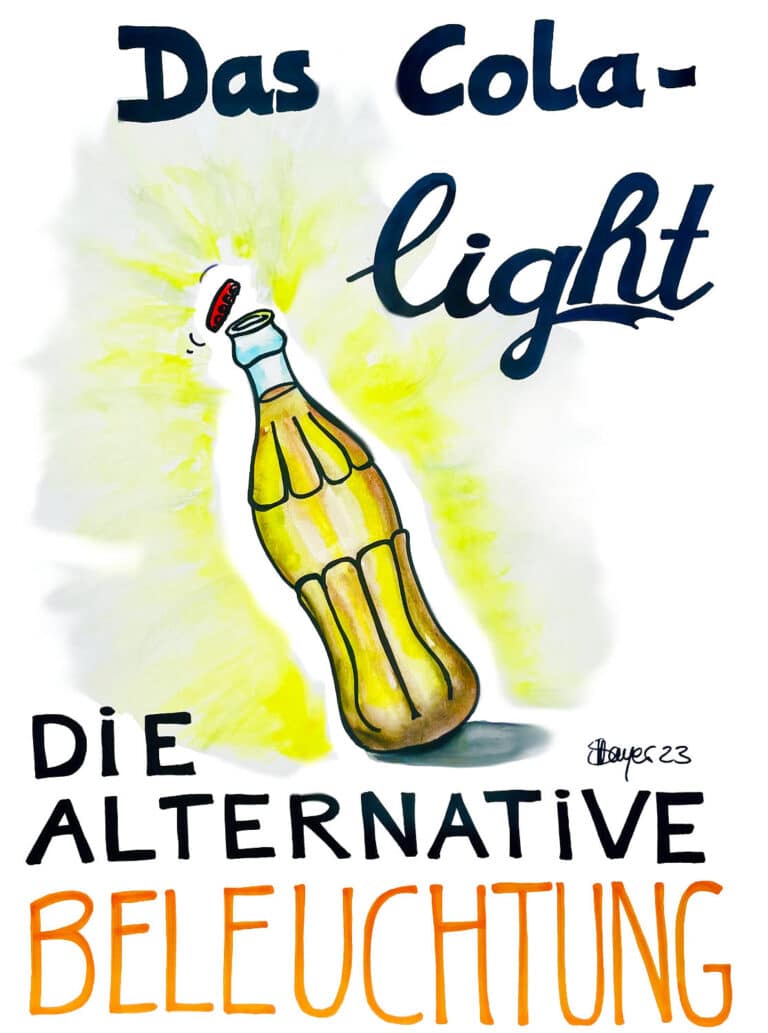 Eine Flasche Cola, die leuchtet. Text: Das Cola-Light - Die Alternative Beleuchtung. Ein Sahnewörtchen