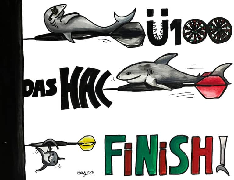 Haie, die auf Dartpfeilen liegen oder daran hängen, fliegen auf die Dartscheibe zu. Text: Ü100 - Das Hai-Finish. Ein Sahnewörtchen