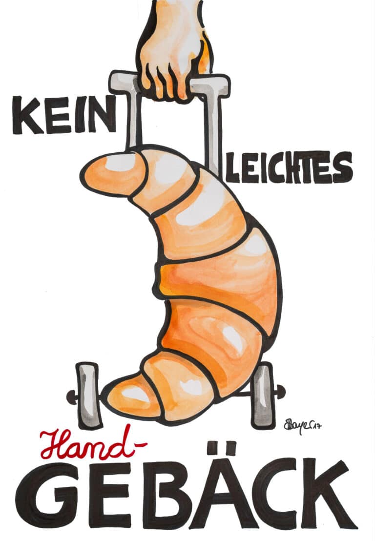 Ein Croissant mit Griff und Rollen, das wie ein Koffer von einer Hand gezogen wird. Text: Kein leichtes Handgebäck