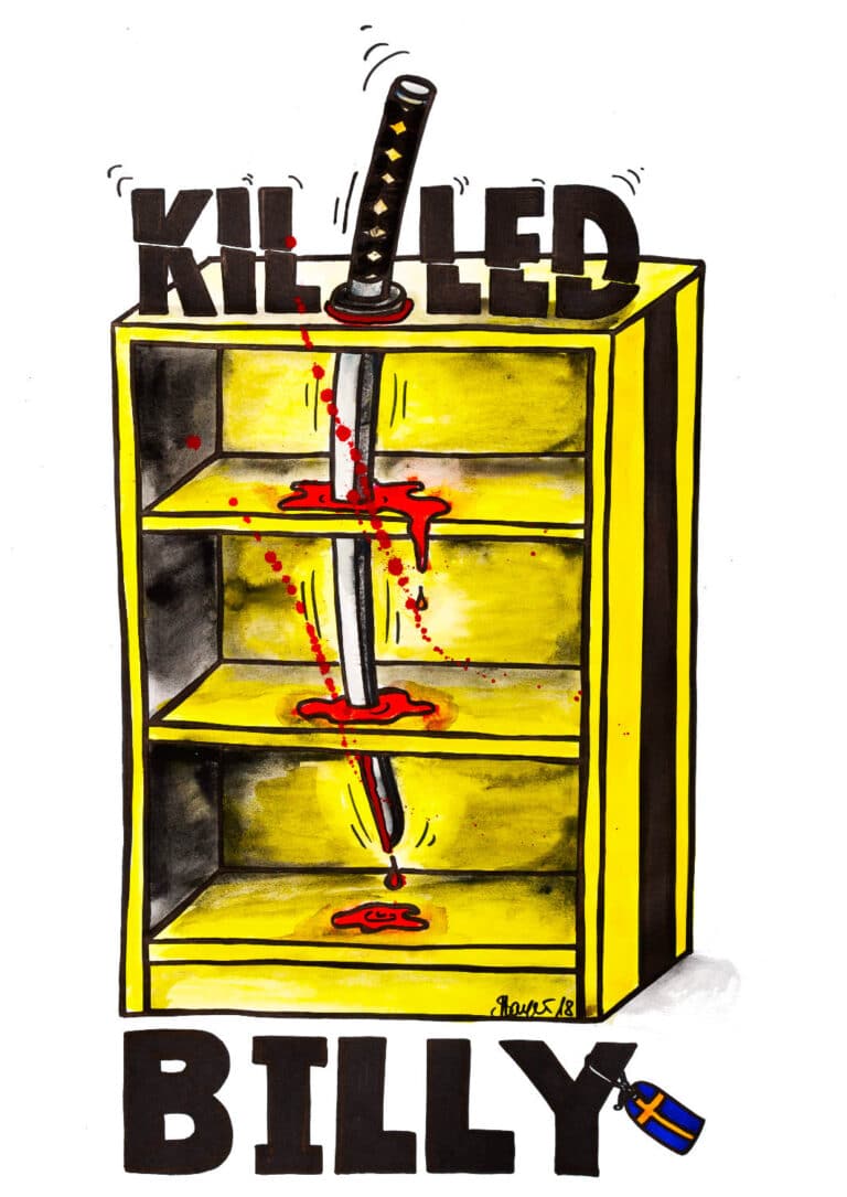 Gelbes IKEA-Regal mit schwarzem Setenstreifen, von einem Samurai-Schwert durchbohrt. Schriftzug: KIlled Billy