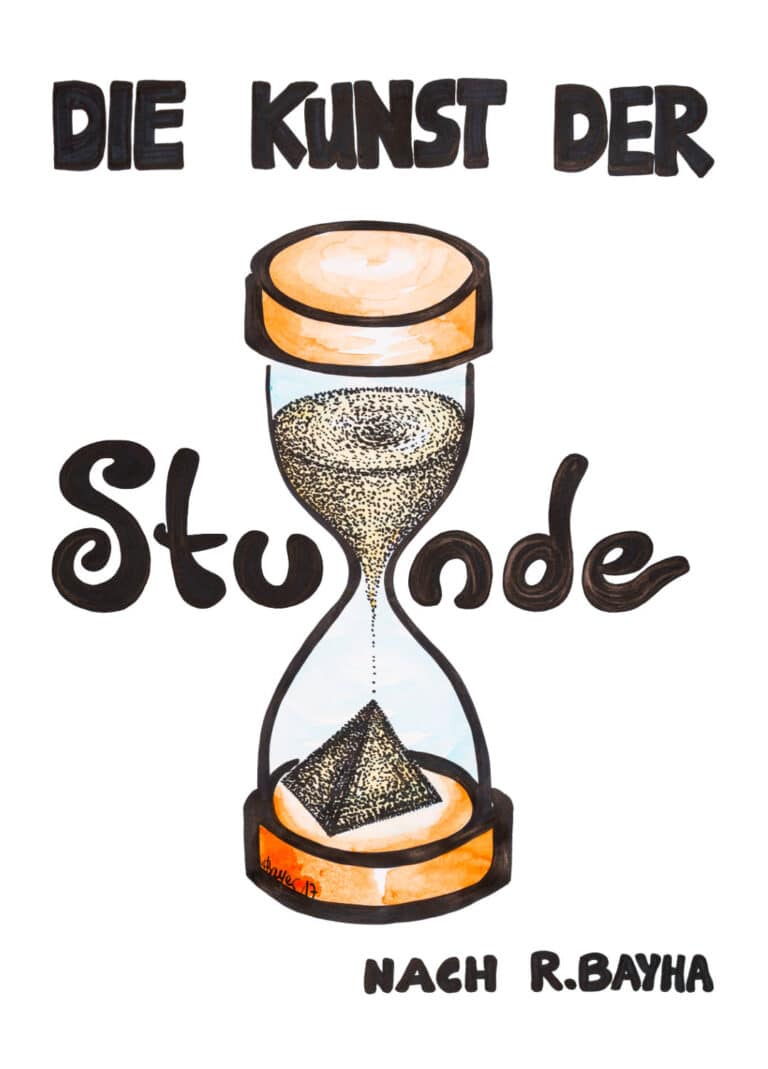 Eine Sanduhr, durch die der Sand läuft und unten eine Pyramide bildet. Text: Die Kunst der Stunde. Ein Sahnewörtchen.