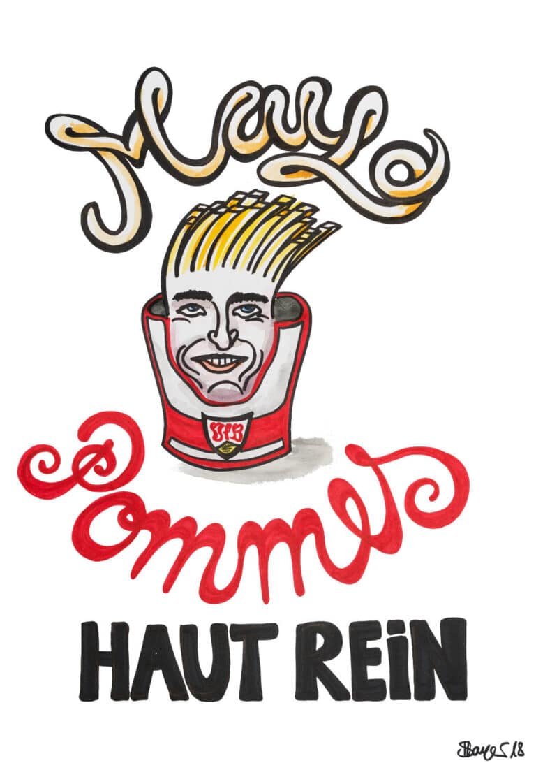 Portrait von Mario Gomez mit einer Pommes-Frisur in einem VfB-Stuttgart Pommesbehälter. Text: Mayo Pommes - Haut rein. - Ein Sahnewörtchen