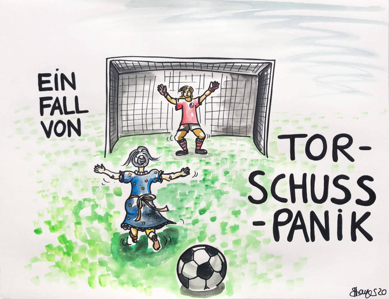 placeholder800x Ältere Frau rennt auf ein Fußballtor zu, in dem ein Torwart steht. DEn Ball lässt sie liegen. Text: Ein Fall von Torschusspanik.