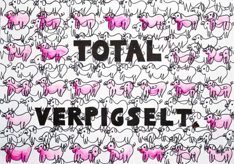 Viele Schweine als Umrisslinie gezeichnet, manche sind rosa, in Blockbuchstaben steht in der Mitte : Total Verpigselt.