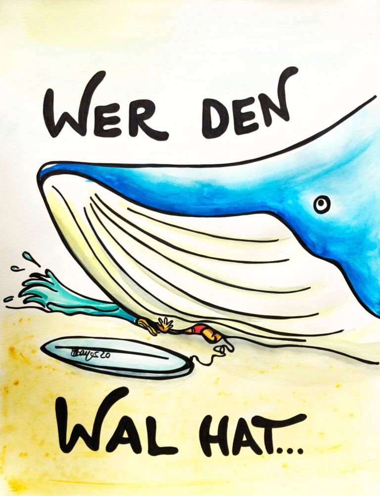 Illustration eines Wals, der einen Surfer unter sich begraben hat. Eine Welle spritzt an Land und das Surfbrett liegt am Strand.